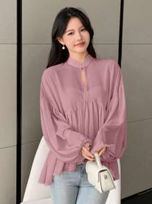 DAZY 休闲夏季纯色立领长袖百褶女式衬衫