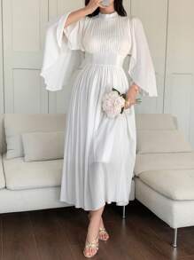 DAZY Solid Color Stand Collar Pleated Ruffle Sleeve Mid-Calf Dress For Women Business Attire - White - View 3