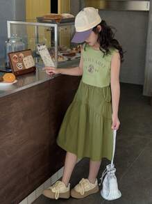 DAZY Áo ba lỗ cổ tròn không tay cho bé gái tuổi mới lớn, thời trang cho váy mùa hè - màu xanh lá - Xem 3