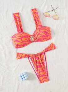 Swim Mod Summer Beach New Striped Printed Bikini Set With Rose Gold Starfish Decor, Vacation Style Women Two-Piece Swimwear - Multicolor - View 1