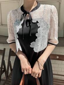 FRIFUL 女式节日蕾丝衬衫裙，撞色蝴蝶结腰部 A 字形，宽松优雅两件套夏季服装，毕业礼服 - 黑與白 - 查看 4