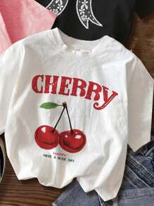 SHEIN EZwear 4 件套休闲简约度假风格樱桃、花卉、蝴蝶结、海洋生物鲨鱼印花圆领宽松女式 T 恤，略微透明，适合夏季 - 彩色 - 查看 5