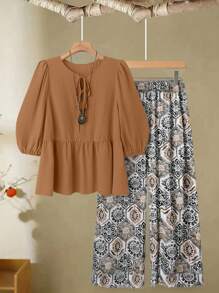 Linhara Plus Size Women's Tie-Front Blouse & Printed Wide Leg Pants Casual Two-Piece Outfit - Multicolor - View 1