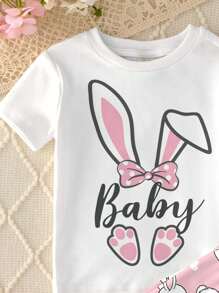 SHEIN Baby Girl Casual Minimalist Slim Fit Round Neck Comfortable Short Sleeve Pants Home Outfit, Snug Fit, Spring/Summer - Multicolor - View 4