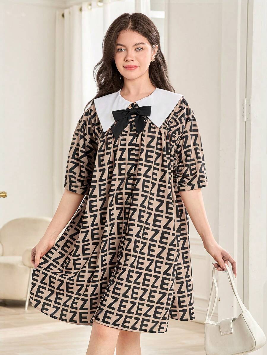 SHEIN Leap Crew 超大号少女女孩可爱宽松领口褶饰蝴蝶结中长连衣裙,适合春夏季、节日、派对、早午餐、返校 - 彩色 - 查看 1