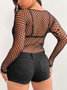 Whyspr Grunge Punk Plus Size Solid Color Sheer Hollow-Out Long Sleeve Sexy Blouse Fall Cloth For Women - Black - View 4