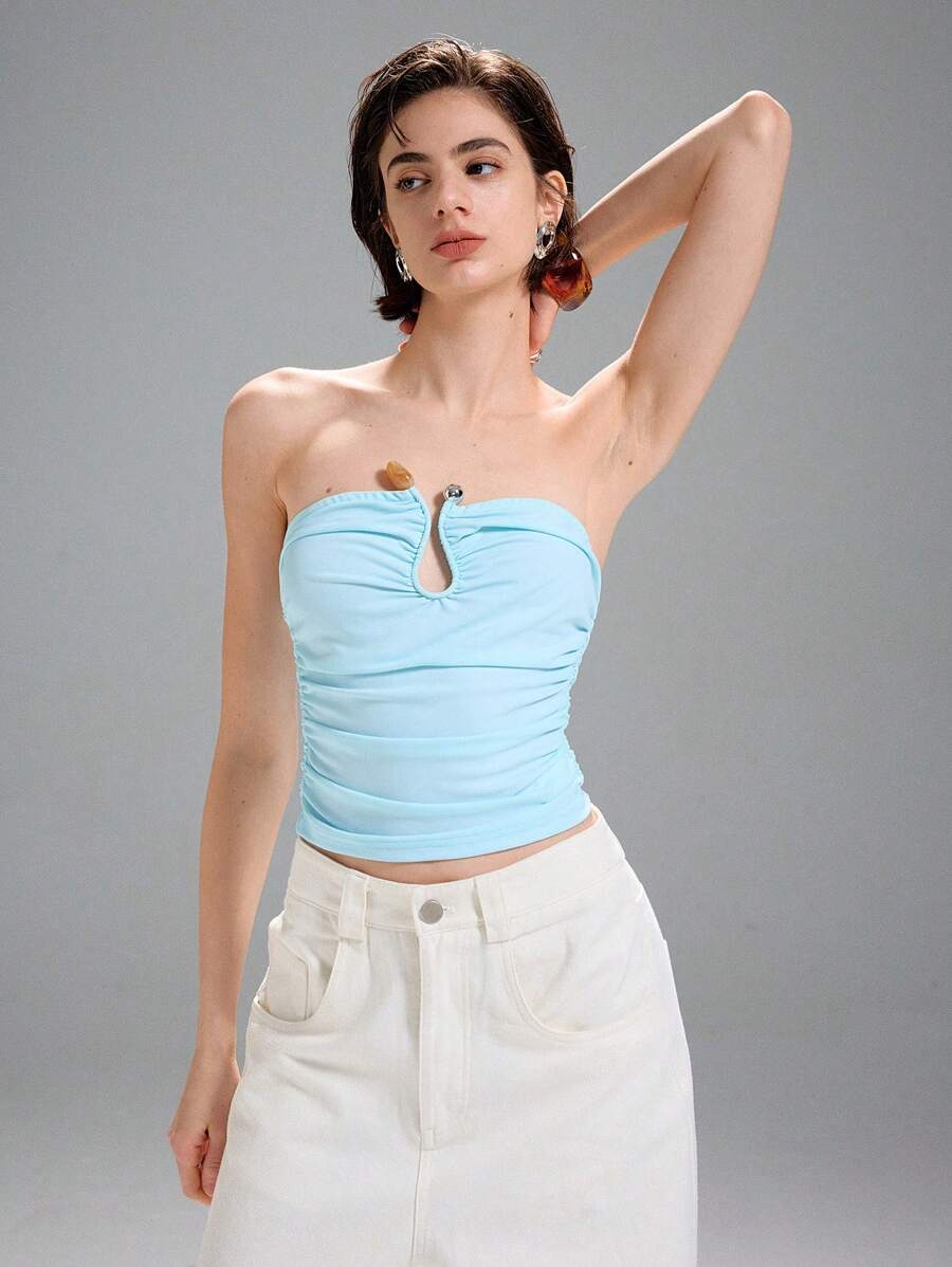 LYSMO Áo ống xếp ly Hook Adornment dành cho nữ - Hàng mới về Xuân/Hè 2025 - Màu xanh nhạt - Xem 1