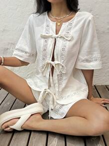 SHEIN EZwear Camisa de verano casual para mujer de unicolor con bordado hueco y cordones - Blanco - Ver 7