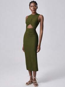 Lumivelle 女士针织纹理弹力镂空中长连衣裙，优雅性感女士连衣裙，春夏 - 墨綠色 - 查看 5