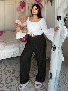 SHEIN PETITE Plus Size Solid Color Loose Comfortable Elastic Waist Wide Leg Pants - Black - View 4