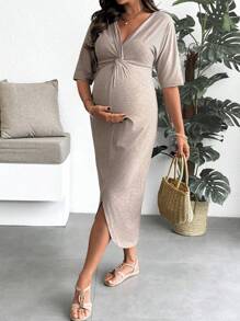 SHEIN Long V-Neck Split Sleeve Maternity Bodycon Dress - Brown - View 3