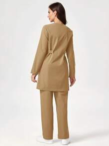 TaskEZ Solid Color Buttoned Half Front Placket Long Sleeve Pocket Shirt And Pants Scrub Uniform Set - Camel - View 2