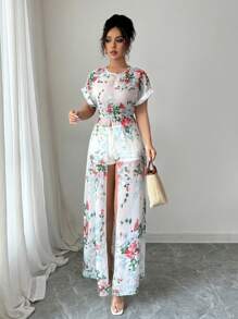 Elenzga 女士节日花卉印花圆领短袖开衩长衬衫