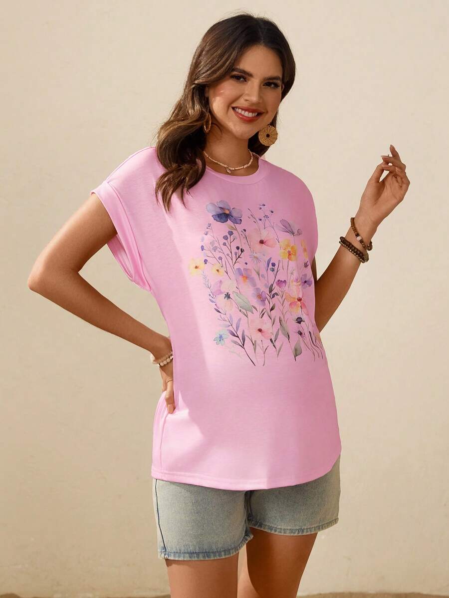 SHEIN Pregnant Women's Casual Floral Print Batwing Sleeve T-Shirt, Summer - Dusty Pink - View 1