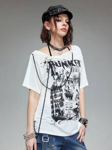 ROMWE Grunge Punk 朋克骷髅轮廓印花透视斜肩宽松竹纤维女式T恤 - 白色 - 查看 6