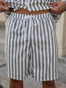Manfinity Homme Men's Short Sleeve Shirt And Shorts Set,Black And White Striped Summer Casual Outfits,Fashionable Vacation Clothes,Great Gift Idea For Husbands - Multicolor - View 6