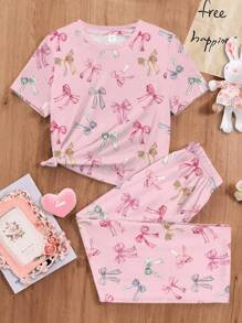 SHEIN Young Girls Casual Slim Fit Round Neck Short Sleeve Pants Home Set, Suitable For Summer - Multicolor - View 2