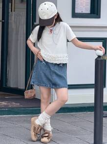 DAZY 青少年女孩蝴蝶装饰牛仔迷你裙，夏季，返校服装 - 中等水洗藍 - 查看 2