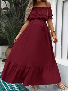 SHEIN 孕妇装荷叶边露肩优雅纯色度假连衣裙