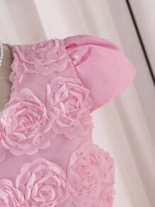 SHEIN Glamorique Kids 甜心玫瑰网眼花卉阴影泡泡公主裙 - 粉色 - 查看 4