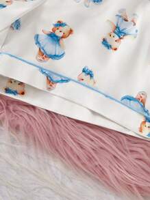 Girls' Bear Print Faux Silk 2pcs Comfy Pajamas Set: Short Sleeve Top & Shorts