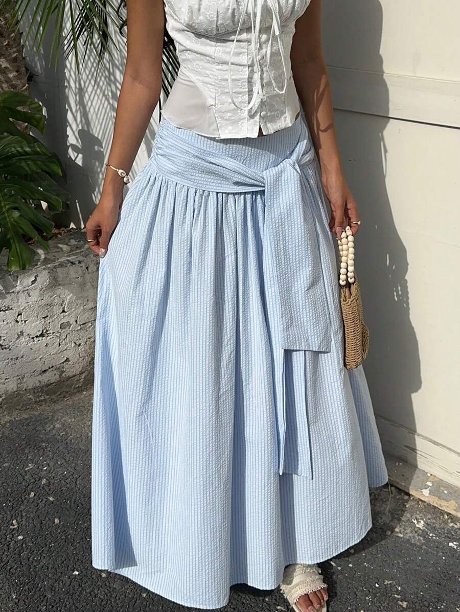 SHEIN EZwear 女士格子印花打结细节休闲/度假半身裙，夏季