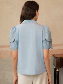 Anewsta Damen besticktes Spitzenoberteil mit kurzen Ärmeln, floralem elegantem Hohldesign