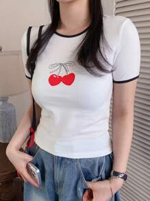 DAZY Women's Cherry Print Trim Round Neck Short Sleeve Casual T-Shirt Cute Tops