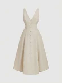 SHEIN MOD Plus Size Women's Apricot V-Neck Buttoned Dress, Modest Office Waisted Dress,Birthday Dresses For Women - Apricot - View 5
