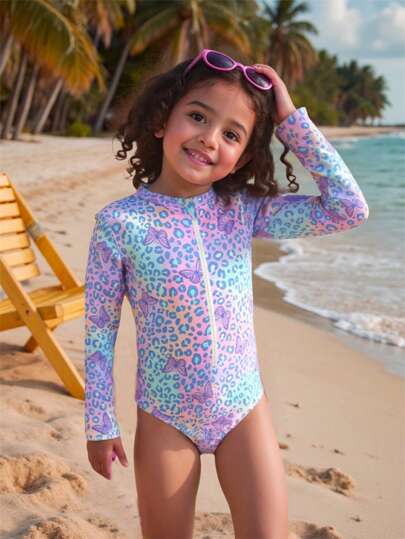 SHEIN Bañador de una pieza de manga larga de alta calidad para niñas, adecuado para la playa, resorts y balnearios