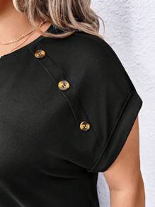EMERY ROSE Elegant Commuter Casual Versatile Fashion Women's Plus Size Round Neck Button Decor Short Sleeve Cropped Mini Dress, Black, Suitable For Spring, Summer, Autumn - Black - View 4