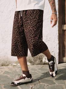 ROMWE MEN Street Life Pantalones cortos anchos de 3/4 de longitud para hombre con cintura con cordón y bolsillo, estampado de leopardo