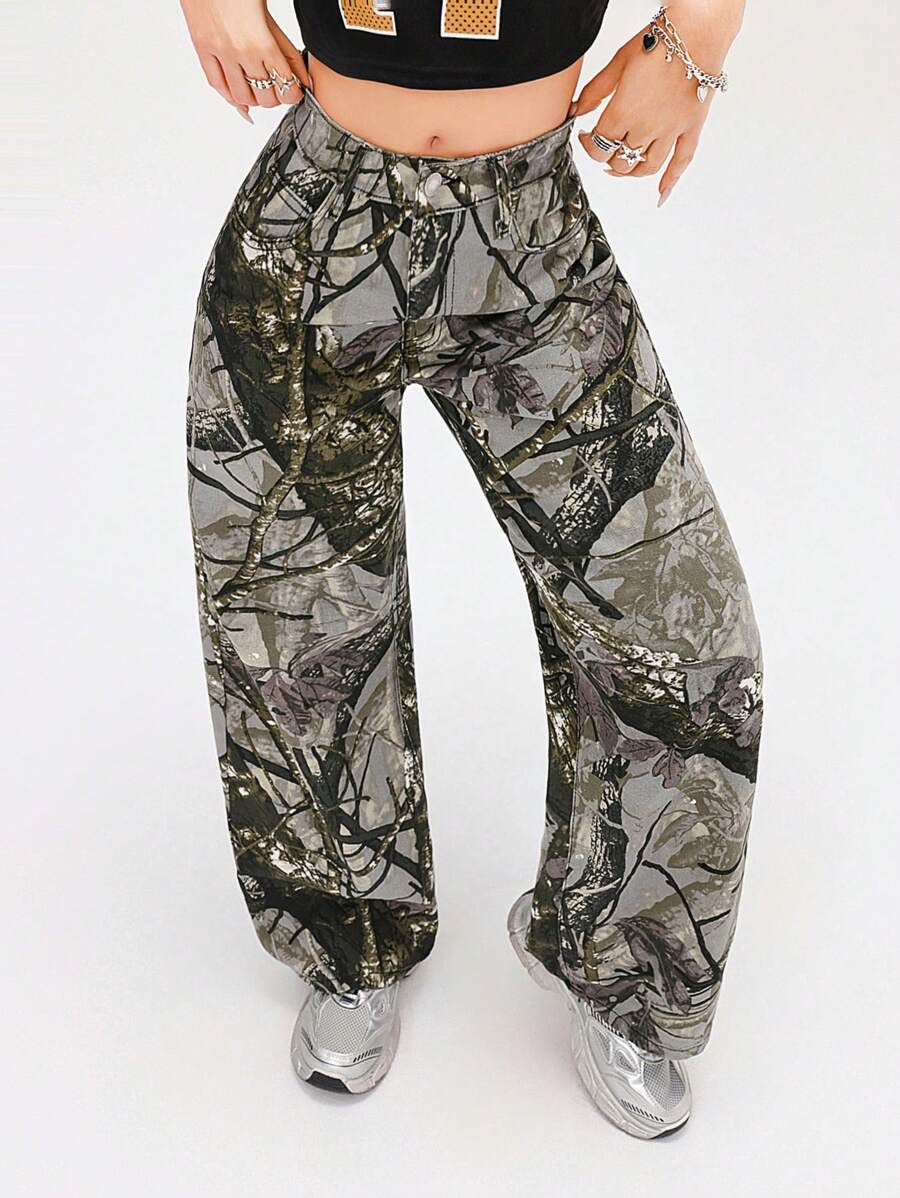 SHEIN EZwear 休闲日常街头风树枝印花侧袋宽松牛仔裤 - 彩色 - 查看 1
