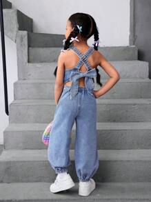 SHEIN Young Girl Y2K Denim Sleeveless Jumpsuit With Back Big Bow Accent - Light Wash - View 6