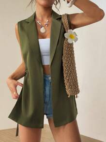 Chiquease 女式纯色翻领无袖休闲西装外套