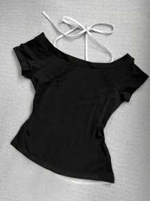 INAWLY Áo thun hở cổ in chữ và bướm cho nữ - Nhiều màu - Xem 2