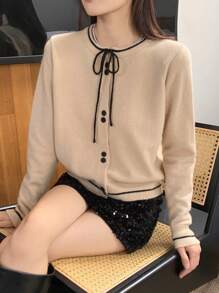 DAZY 女式拼色蝴蝶结长袖针织毛衣，秋冬，长袖上衣