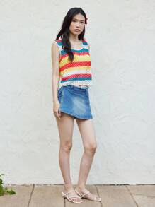 Celisse Top sin mangas de punto a rayas, suelto y con diseño calado, casual, de moda, lindo, tipo camisola, de colores, para vacaciones en la playa, verano