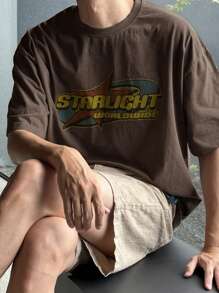 DAZY 男士星星字母印花落肩夏季T恤，图案T恤 - 棕色 - 查看 2