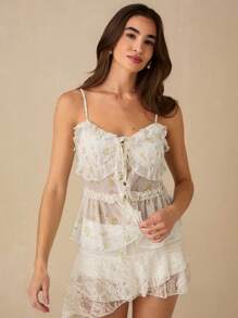 Enchnt Parte superior de camisola con volantes, lazo y estampado romántico de pequeñas rosas amarillas para mujer, diseñada para primavera/verano, dulce, elegante y de moda, ideal para vacaciones, citas, días festivos, fiestas, graduaciones y bodas como invitada, tops de verano para mujer - Púrpura malva - Ver 5