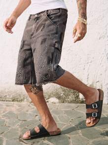 ROMWE MEN Street Life Men's Grunge Diamond Flame Print Cargo Denim Shorts - Dark Grey - View 3