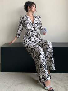 DAZY Mono elegante con bolsillos y cinturón, estampado completo para mujeres