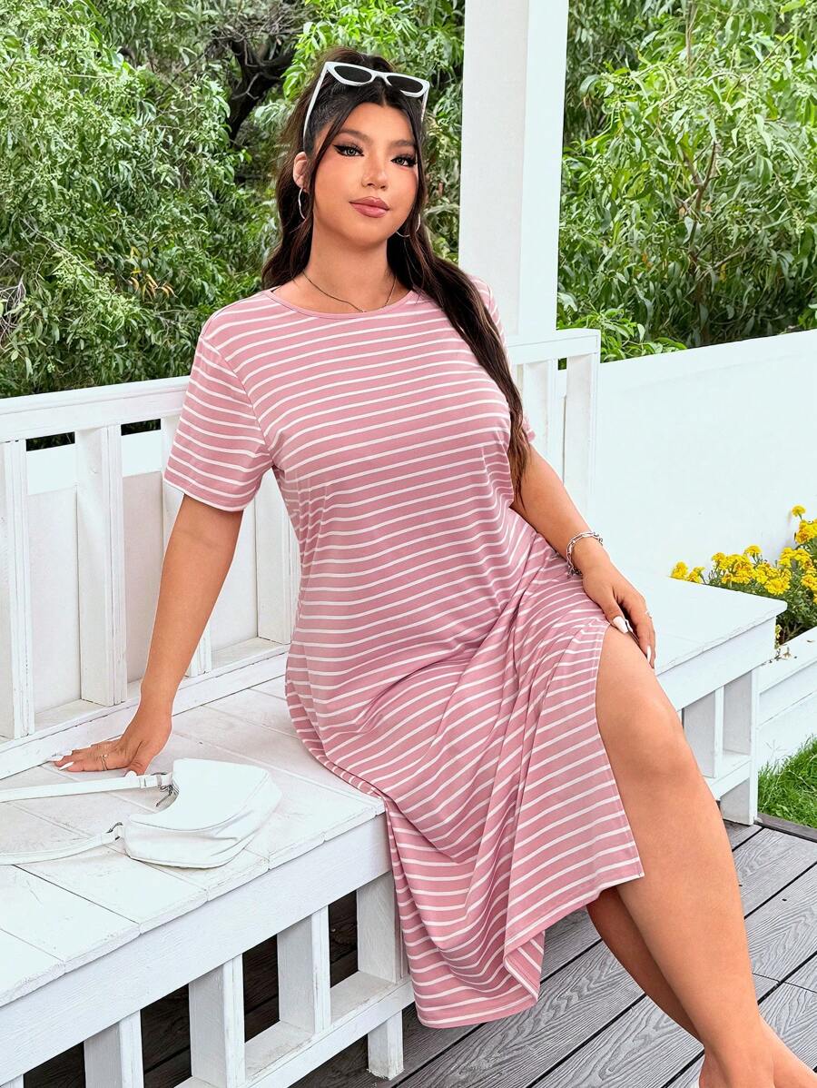 SHEIN EZwear Vestido camiseta maxi a rayas rosa de talla grande con aberturas laterales, vestido casual de manga corta para primavera/verano