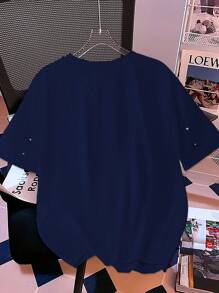 Franclia Summer Fashion Round Neck Bubble Design White Short Sleeve T-Shirt, Summer Casual Top - Navy Blue - View 2