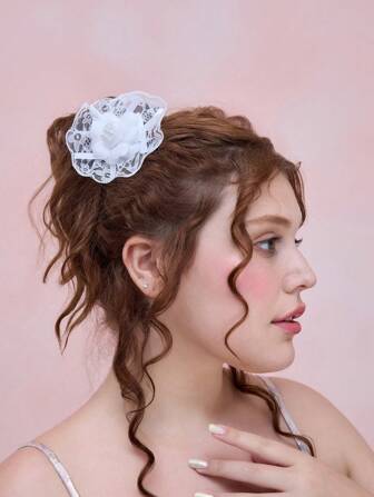 Kawaii 1pc Cute White Flower & Bow Decor Hair Clip, Elegant Lolita Style Lace Trimmed Duck Clip, Handmade Lolita Tea Party Versatile Hair Accessory Claw Clips Hair Slide Hair Barrettes