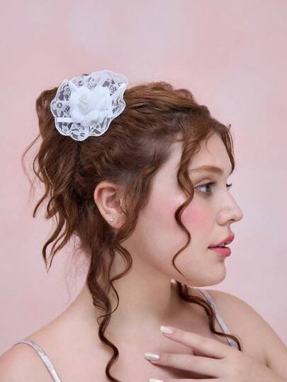 Kawaii 1 pezzo Fermaglio per capelli elegante con decorazione fiore bianco e fiocco, stile Lolita con pizzo, molletta a papera realizzata a mano, accessorio versatile per capelli adatto per feste da tè in stile Lolita