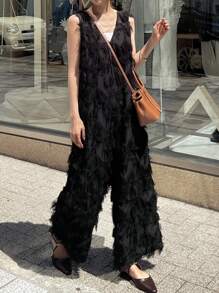 FRIFUL Women's Black V-Neck Sleeveless Jumpsuit With Tassels, Summer Outfit Women Rompers - Black - View 3