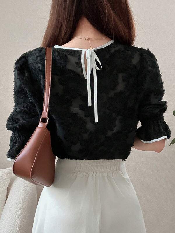 FRIFUL Women's Puff Sleeve Blouse, Textured Fuzzy Fabric Elegant Women Clothing, Summer