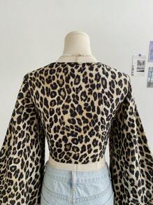 Soleia Casual Vacation Tie-Front Flare Sleeve Ruffle Cuff Leopard Print Shirt - Multicolor - View 8