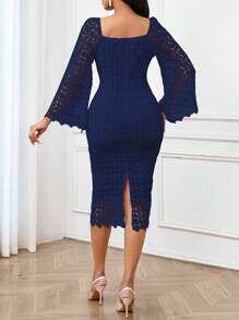 SHEIN Lady Four Seasons Fall Clothes Masquerade Ball Dress Elegant Women Dresses Fall Purple Dress Lace Hollow Fabric Wedding Dress Purple Homecoming Dress Concert Women Lace Long Sleeve Outfit Elegant Slim Flared Long Sleeve Dresses Fall Women Outfits - Navy Blue - View 3